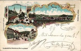 1899 (Vorläufer) Vojnik, Hochenegg (bei Cilli, Celje); Partie in Hochenegg, Marktplatz / church, general view, market square. Kunstanstalt Karl Schwidernoch Art Nouveau, floral, litho (EK)