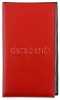 Piros műbőr érmetartó album, benne 4x8db 5x5cm-es férőhellyel, használt állapotban