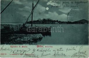 Preko, Oltre; Chiostro San Paolo. C. Ledermann jr. (Wien) / Szent Pál kolostor, Galevac sziget, kikötő, hajó este holdfényben / Saint Paul cloister, island, port, ship at night in moonlight (EK)