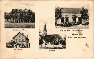 1910 Kisbecskerek, Becicherecu Mic, Kleinbetschkerek; Gasthaus Milan, Warenhaus Adam Wirth, Bahnhof, Kirche / Milan vendéglő, Adam Wirth üzlete, vasútállomás, templom. Dajkovits J. utóda (Versec) kiadása / restaurant, inn, shop of Wirth, railway station, church (fl)