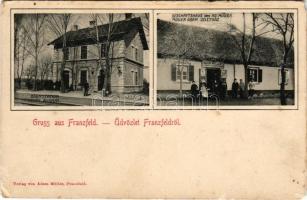 Ferenchalom, Franzfeld, Kacarevo; vasútállomás, Müller Ádám üzlete és saját kiadása / Bahnstation, Geschäftshaus des Ad. Müller / railway station, publisher's shop (EM)