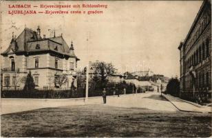 Ljubljana, Laibach; Erjaveceva cesta z gradom / street view (wet corner)