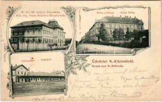 1900 Nagykikinda, Kikinda; M. kir. állami polgári leányiskola, Bohn szálloda, Pályaudvar, vasútállomás. Johann Radak kiadása, szecessziós-virágos keret / Kön. ung. Staats-Mädchen-Bürgerschule, Hotel Bohn, Bahnhof / girls' school, hotel, railway station. Art Nouveau, floral frame (vágott / cut)