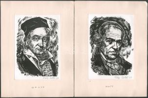 Fery Antal (1908-1994): 4 db híres emberről készült arckép (Bláthy Ottó, Faraday, Gauss, Watt). Fame...