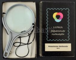 Kis kellék tétel, benne 100 mm átmérőjű nagyító eredeti dobozában, hozzá csipesz és fém fogazatmértő, Lipsia színkatalógus