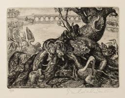 Szabó Vladimír (1905-1991): A hajdani Hortobágyon. Rézkarc, papír, jelzett, művészpéldány A/P jelzéssel, 13,5×18,5 cm