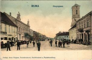 1906 Árpatarló, Ruma; Hauptgasse / Fő utca, piac, F. Riester üzlete. Anna Wagner kiadása / main street, market, shops (EK)