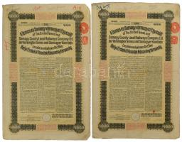 1913. Budapest "A Temes- és Somogy-vármegyei Egyesült Helyi Érdekű Vasutak Részvénytársaság" 3 1/2%-os elsőbbségi kötvénye 4000K-ról (2x) , magyar, német és angol nyelven, szárazpecséttel és szelvényekkel T:F