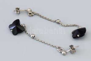 Ezüst(Ag) fekete köves pillangós fülbevalópár, jelzés nélkül, h: 5,5 cm, bruttó: 2,6 g