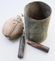 Nagyméretű töltényhüvely m: 22,5 cm, benne 2 kisebb hüvely h: 15 cm + kulacs