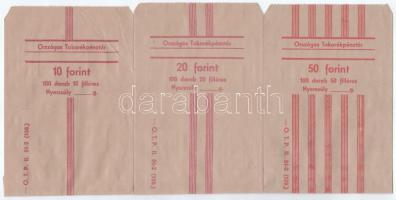 ~1980-1989. "Országos Takarékpénzár" 26db kitöltetlen, használatlan, új állapotú fémpénzes papírzacskók 10f, 20f, 50f, 1Ft, 2Ft, 10Ft és 20Ft-os érmék számára. Benne: "10 forint - 100 darab 10 filléres" (4db) + "20 forint - 100 darab 20 filléres" (6db) + "50 forint - 100 darab 50 filléres" (3db) + "100 forint - 100 darab 1 forintos" (2db) + "100 forint - 50 darab 2 forintos" (3db, egyik sérült) + "200 forint - 20 darab 10 forintos" (2db) + "400 forint - 20 darab 20 forintos" (6db)