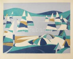 Török Endre (1926-1980): Balaton. Színes linómetszet, papír, jelzett. 29,5×38 cm