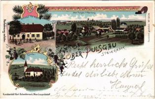 1899 (Vorläufer) Zgornja Polskava, Ober-Pulsgau, Oberpulsgau; Gasthaus zur Post, Kirche / inn, general view, church. Kunstanstalt Karl Schwidernoch Art Nouveau, floral, litho (fa)