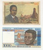 2db-os vegyes külföldi bankjegy tétel, benne: Kamerun DN(1962) 100Fr "V.9 18968" + Madagaszkár DN(1994-1996) 1000Fr "A32432724" T:AU,VG, kis szakadások 2pcs mixed lot of foreign banknotes, including: Cameroon ND(1962) 100 Francs "V.9 18968" + Madagascar ND(1994-1996) 1000 Francs "A32432724" C:AU,VG, small tears Krause P#10a, P#76a