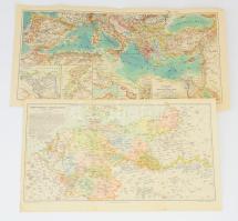 cca 1900 Közép-Európa helyőrségeinek térképe + a Földközi-tenger partvidékének térképe, 2 db melléklet a Meyers Konversations-Lexikon 5. kiadásából, kis lapszéli sérülésekkel, ragasztott, 24x41,5 cm és 24x48 cm