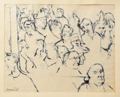 Bencze László (1907-1992): Emberek. Tus, toll, papír, jelzett, paszpartu hátoldalán Bencze László autográf feliratával. 30x38 cm