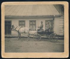 1915 Katonák szekéren, kartonra kasírozott fotó, sarkán kis törésnyom, 12×14,5 cm