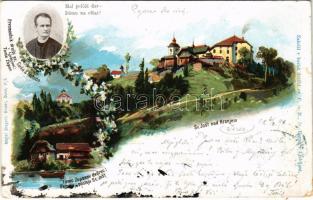 1898 (Vorläufer) Sveti Jost nad Kranjem, Tomo Zupanov dvorec Okroglo / church, castle of Tomo Zupan. Dragotin Binder Art Nouveau, floral (glue marks)