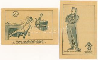 4 db MODERN humoros propaganda képeslap: szocialista munkaverseny, háború utáni termelés (Képzőművés...