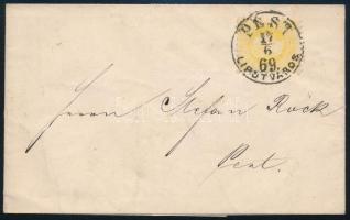 1869 Levél sárga 2kr bérmentesítéssel "PEST / LIPÓTVÁROS" - "PEST / DÉLELŐTT" (11.000)