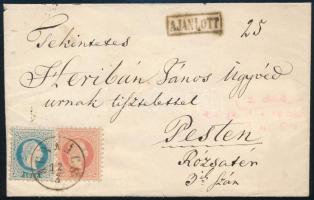 ~1867 Ajánlott levél 5kr + 10kr bérmentesítéssel "MUNKÁCS" - "PEST"