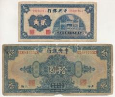 Kína 1928. 10Y / 10$ "Central Bank of China" + 1931. 2J / 20c "Central Bank of China" T:VG, kis anyaghiány, tűlyuk China 1928. 10 Yuan / 10 Dollars "Central Bank of China" + 1931. 2 Jiao / 20 Cents "Central Bank of China" C:VG, small missing material, pinholes Krause P#197, P#203