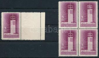 1958 Televízió I. bélyeg jobboldali üres mezővel + négyestömb 11 : 11 1/4 fogazással (13.200)