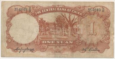 Kína 25(1936) 1Y "Central Bank of China", "354849 V/R" T:F,VG, pici anyaghiány a...