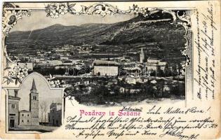 1902 Sezana, Sesana; church, general view. Art Nouveau, floral frame (cut)