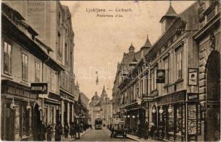 1916 Ljubljana, Laibach; Presernova ulica / street view, tram, restaurant of Ivanka Matjan, publisher's shop (Emil Dobric), telephone booth, American shoe store (fl)