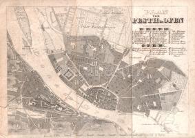[Térkép] Plan von Pesth u. Ofen. Henry Winkles (1801-1860) angol grafikusművész német nyelven feliratozott térképmetszete Pest-Budáról (1844). [Leipzig und Pesth, 1844]. [Verlags-Magazin]. Acélmetszet, mérete: 150x210 mm egy 168x235 mm méretű térképlapon. Rendkívül éles kontúrú Pest-Buda térképmetszetünk G. L. Feldmann "Pesth und Ofen Neuester und vollstaendiger Wegweiser durch beide Staedte" című városismertető kiadványának mellékleteként jelent meg (Lipcse-Pest, 1844). Német nyelvű térképünk a késő reformkori Pest-Budáról készít emlékezetes pillanatfelvételt. Az óramutató járásával ellenkező irányban elforgatott lapon a Duna a térkép bal felső és a jobb alsó sarka között húzódik, szemrevételezhető a hajóhíd létező és a Kettenbrücke (Lánchíd, 1849) tervezett építménye. A tágabban értelmezett Pest határai ebben az időben a mai Szent István körút - Váci út - Ferdinánd híd - Szív utca - Rottenbiller utca - Fiumei út - Haller utca mentén húzódnak, Budán a mai Rózsadomb, a fürdőket rejtő Felhévíz negyede, a Víziváros, a Várhegy, a Krisztinaváros és a Naphegy, a Tabán és Gellérthegy tömbje tűnik fel. Egyes városnegyedek és a nagyobb utak német megnevezést kaptak, a kisebb utcák számkódolással, a jelentősebb középületek betűjelzéssel szerepelnek (Városháza, Nemzeti Múzeum, Ludovika, Újépület, Invalidus-ház, Terézvárosi plébániatemplom, Ferencvárosi plébániatemplom, Pesti egyetem épülete; Budai vár, Budai városháza, Helyőrségi templom, Császárfürdő Felhévízen, Királyi csillagda a Gellérthegyen). Térképünk a szőlőskerteket, a kaszálókat és városkerteket, kisebb tavakat egyaránt jelöli, az Ördög-árok éppúgy feltűnik, mint a Vár tövében, a mai Vérmező helyén elhelyezkedő General-Wiese (Generális-kaszáló), vagy éppen a Duna menti Belső-Ferencvárosban akkoriban még létező, később kiszárított, aprócska Müller Leich (Molnár-tó). A Ludovika parkja igen rendezett angolkertet, az úri társaság sétahelyét sejteti, a mai Erkel színház környékén hatalmas lópiac található, a terézvárosi határban pedig a jövő jelentősebb fejlesztéseit váró Városerdő húzódik. Vasútvonalnak még nyoma sincs, az Akadémia épületét pedig még hiába is keresnénk, az csupán 1862-1865 között épül fel. A két szigetből álló Margitszigeten erdők és romok, Buda hegyein szőlőskertek mindenfelé. Térképlapunkon enyhe foxing, a lapszélen apró sérülések. Fabó-Holló 139. Jó állapotú lap, hajtásnyomokkal.