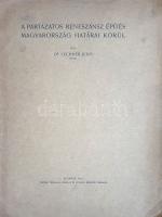 Lechner Jenő:  A pártázatos reneszánsz építés Magyarország határai körül. Budapest, 1915. "Pátria" Irodalmi Vállalat és Nyomdai Rt. 45 + [1] p. Folio. Egyetlen önálló kiadás. Lechner Jenő (1878-1962) építész, építészettörténeti író, műegyetemi tanár történeti építészeti cikke az Itáliából szétterjedő pártázatos homlokzatépítészet nagyszerű példáit méltatja, társadalomtörténeti keretben, gazdag szövegközti fotóanyaggal. Példányunk fűzése a fedőborítóknál kissé meglazult. (Különlenyomat a "Magyar Mérnök- és Építész-Egylet Közlöny"-ének és az "Építő Ipar - Építő Művészet"-nek 1915. évfolyamaiból.) Fűzve, enyhén sérült, kissé foltos kiadói borítóban. Jó példány.