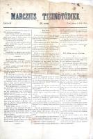[Folyóirat] Márczius Tizenötödike. I. évfolyam, 48. szám. (1849. június 14.) Pest, 1849. Nyomtatja és kiadja Lukács László. [189]-192 p. Folio. Az 1848-1849-es forradalom és szabadságharc meghatározó politikai lapja 1848 márciusa és 1849 júliusa között jelent meg, eleinte napi rendszerességgel, az 1849. évi lapszámok ritkásabban; lapszámonként négy oldal terjedelemben. A három hasábra szedett oldalakon vezércikkek, publicisztikák, nyílt levelek, közlemények, az utolsó oldalon hirdetések. Lapszámunk többek között a Nemzeti Színház éppen aktuális Macbeth-előadását hirdeti. A lapszéleken apró pótlással. Enyhén foltos, szélein kissé hiányos lapok, hajtásnyomokkal. Jó példány.