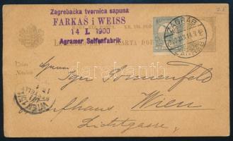 1900 Kétnyelvű 2kr díjjegyes levelezőlap 1f Turul díjkiegészítéssel Zágrábból Bécsbe