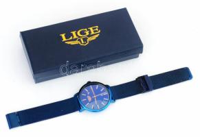 LIGE kék unisex karóra, fém szíjjal, kvarc, új elemmel, dobozában, d: 4 cm