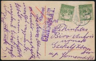 1919 Képeslap 2 x Arató 5f bélyeggel "TORDA" - Székelyzsombor, román cenzúrával