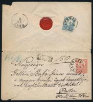 ~1872 Réznyomat 5kr 10kr díjjegyes borítékon ajánlott levélként "SZATHMÁR" - Pest (szakadás / tear)