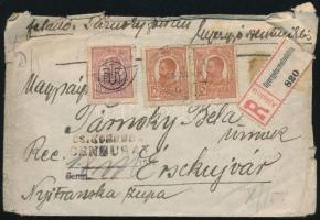 1919 Ajánlott levél román bélyegekkel, Gyergyószentmiklós túlélő ragjeggyel csikszeredai cenzúrával Érsekújvárra