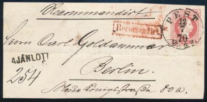 1870 PS-cover front to Berlin "PEST VASP.", 1870 5kr díjjegyes boríték előlapja Berlinbe "PEST VASP."