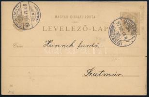 1897 2kr díjjegyes milleniumi képeslap "BUDAPEST - MISKOLCZ - M.SZIGET 34. SZ." vasúti postával Szatmárra