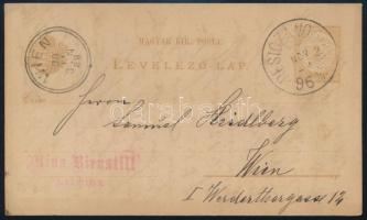 1888 PS-card with "RESICZA - VOJTEK 96. SZ." railway postmark to Vienna, 1888 2kr díjjegyes levelezőlap "RESICZA - VOJTEK 96. SZ." vasúti postával Bécsbe