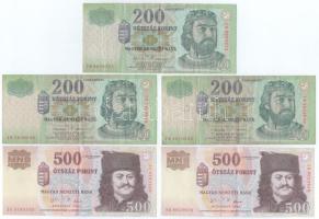2001. 200Ft "FB" (3x) + 2006. 500Ft "A forradalom 50. évfordulója 1956. október 23." (2x) T: 2db 500Ft-os XF,VF, 3db 200Ft-os F Adamo F53A1, F54E