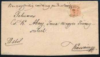 1856 3kr MP III érdekesen vágva irattári hajtással levélen "TÁLLYA" - Kassa, 1856 3kr MP III with an interesting cut on cover "TÁLLYA" - Kassa