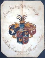 [Grafika] A Henneberg frank nemesi család kézzel rajzolt, német nyelven feliratozott, színes címerrajza - az Europäische Wappensamlung című (fiktív) forrásmunkára való hivatkozással. Arma für den Herrn v[on] Henneberg Ritter Familie. Keltezés és hely nélkül (1780 körül). Egyetlen lap, a címerrajz mérete: 165x150, lapméret: 300x228 mm. Színes címerrajzunk a 11. századtól 1583-ig valóban létező, türingiai frank grófi család, a Henneberg nemesi család színeit és motívumait hordozza. A családot a neves bajor heraldika munka, a Nikolaus Bertschi által összeállított "Wappenbuch besonders deutscher Geschlechter" című kódex (Augsburg, 1515) még számontartotta. A címerrajz két mezején is megjelenő különös motívum: a hármas halmon álló tyúk motívuma szimbolikus, beszélő jellegű címerutalás: arra a tényre utal, hogy a család 1219-ben elvesztette würzburgi őrgrófi szerepét. A családot egyéb veszteségek is érték, genealógiai adatok szerint 1583-ban fiúágon kihalt. Német feliratozású címerrajzunk jóval későbbről való, 1780 körül keletkezett. Dokumentumunk érdekessége, hogy fiktív forrásra hivatkozik: "Europäische Wappensamlung" (Európai címergyűjtemény) nevű szakmunkát a heraldika nem ismer, a korabeli címerhamisítások gyakori eljárása volt a jól csengő, ám valójában nem létező "Europäische Wappensamlung" heraldikai szakmunkára hivatkozni, kötet- és oldalhivatkozással. Címerrajzolatot hordozó dokumentumunk sarkain apró levágás, felületén apró, halvány foltosság, enyhe hajtásnyomok, a lap alji kötetszám-hivatkozás elmosódott, nem olvasható. Jó állapotú lap.