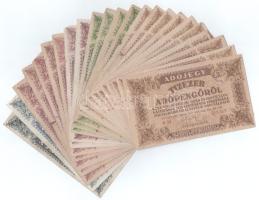 1946. 10.000AP (10db,2xklf: 5 számjegyű sorszámmal vízjeles papíron + 6 számjegyű sorszámmal vízjeles papíron) + 50.000AP (4db, 2xklf: sorszámmal vízjeles papíron + sorszám nélkül vízjeles papíron) + 100.000AP (7db, 2xklf: sorszámmal vízjeles papíron + sorszám nélkül fehér papíron) + 500.000AP (2x sorszám nélkül fehér papíron) T:F,VG, sok darabon filccel firkált S betű