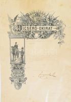 1931 Díszes csendőr dicsérő-oklevél, a M. Kir. Budapesti I. Csendőrkerületi Parancsnokság lovas törzsőrmestere részére, 10 éves szolgálata során szerzet érdemeiért, autográf csendőrkerületi parancsnoki aláírással, foltos, 47x33 cm