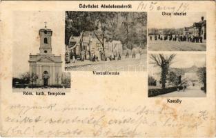 1915 Elemér, Német-Elemér, Szerb-Elemér, Elemir; Római katolikus templom, vasútállomás, utcarészlet, Kiss-féle kastély. Gansel és Krisztics kiadása / Roman Catholic church, railway station, street view, castle, mansion (fl)