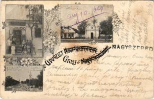 Nagyszered, Nagyszredistye, Veliko Srediste; Görögkeleti szerb templom, római katolikus templom, református templom, Holug Mátyás üzlete / Greek Orthodox Serbian church, Roman Catholic church, Calvinist church, shop. Art Nouveau, floral (fl)