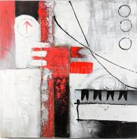 Jelzés nélkül: Vörös-szürke kompozíció, vegyes technika, applikáció, vászon, 60x60 cm
