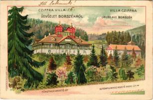 1910 Borszék, Borsec; Cziffra villa, Főkúthoz vezető út, Új templomhoz vezető erdei út. Radó Jenő és Gyula, szecessziós litho / villa. Art Nouveau, litho (EK)